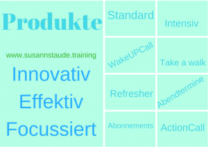 Auflistung der Produkte: Standard, Intensiv, WakeUpCall, Refresher, ActionCall, Abonnements, Loveyourself, Take a Walk